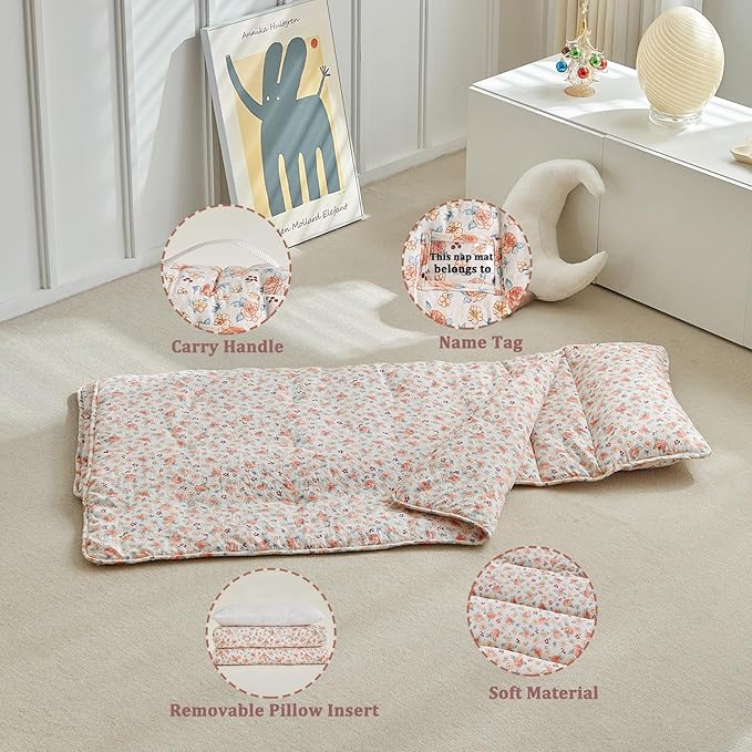 Toddler Nap Mat with Removable Pillow,Ultra Soft Slumber Bags for Girls,Kids Sleeping Bags with Roll Up Design, Perfect for Preschool,Daycare,Kindergarten