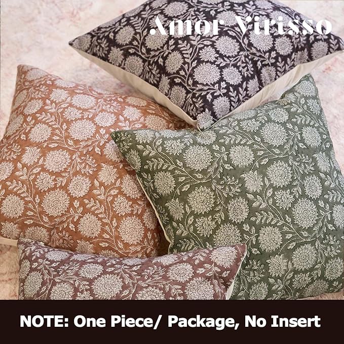 Amor Virisso Floral Throw Pillow Covers 18x18 Block Print Pillow Covers Vintage Neutral Couch Pillows for Living Room Farmhouse Decorative Accent Sofa Pillows, Black