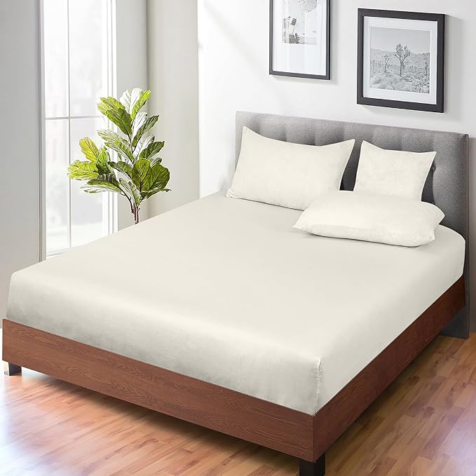 ROYALE LINENS 300 Thread Count 100% Long Staple Combed Cotton Fitted Sheet Twin XL - Super Soft Deep Pocket Bottom Sheet - Fitted Sheets Only - Elastic Sheets (Twin XL, Cream)