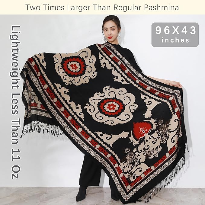 DANA XU 100% Merino Wool Pashmina Shawl for Women 96"x43", Oversized Cashmere Wrap with Tassels, Floral Travel Blanket Cape