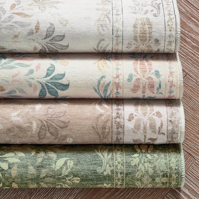jinchan Vintage Floral Runner Rug 2x5 - Machine Washable Distressed Design Non-Slip Low-Pile Soft Thin Christmas Carpet for Hallway Kitchen Farmhouse Bedroom Entryway Laundry Room (2x5ft, Dark Green)