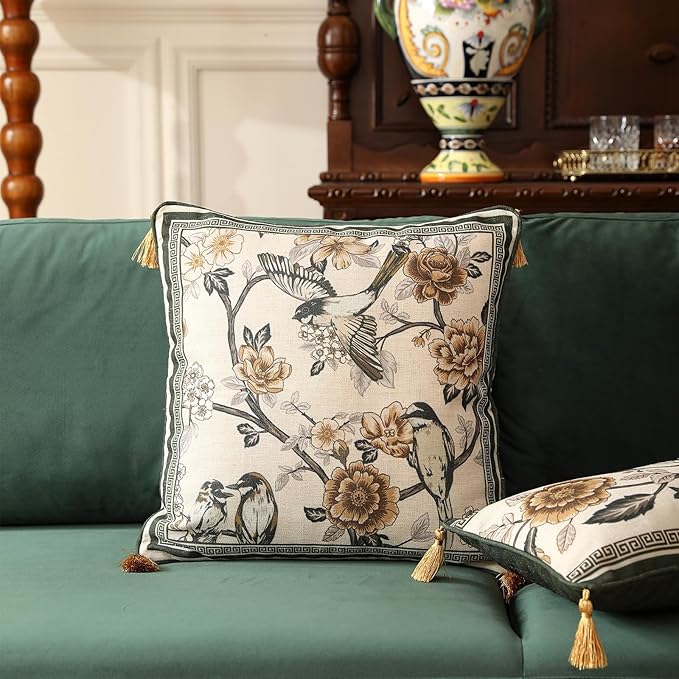 ISAENNE Design Linen Chinoiserie Square Throw Pillow Covers 18"x18", Farmhouse Cushion Covers with Yellow Floral Birds Pattern Decoration Pillowcases for Bed,Living Room,Outdoor,Car
