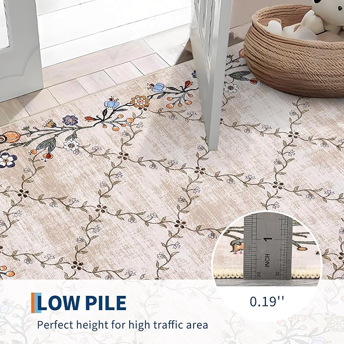 Garveehome 4x6 Washable Floral Area Rugs for Living Room: Modern Floral Non Slip Large Area Rugs for Bedroom, Large Machine Washable Living Room Low Pile Carpet with Non-Slip Backing Beige 4 ft x6 ft.