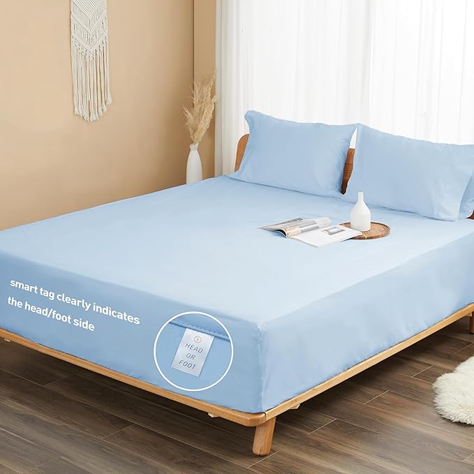 Sunflower Twin Fitted Sheet, 1-Piece Deep Pocket Fitted Bottom Sheet 15", 100% Cotton Sateen Soft Breathable, Powder Blue