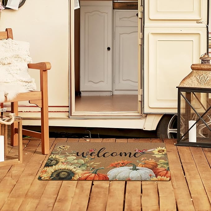 Fall Pumpkin Welcome Door Mat, Autumn Thanksgiving Welcome Front Door Mat Indoor Outdoor Entrance, Fall Pumpkin Sunflower Artificial Coir Doormats Rugs for Porch Entryway Decor 30x17in