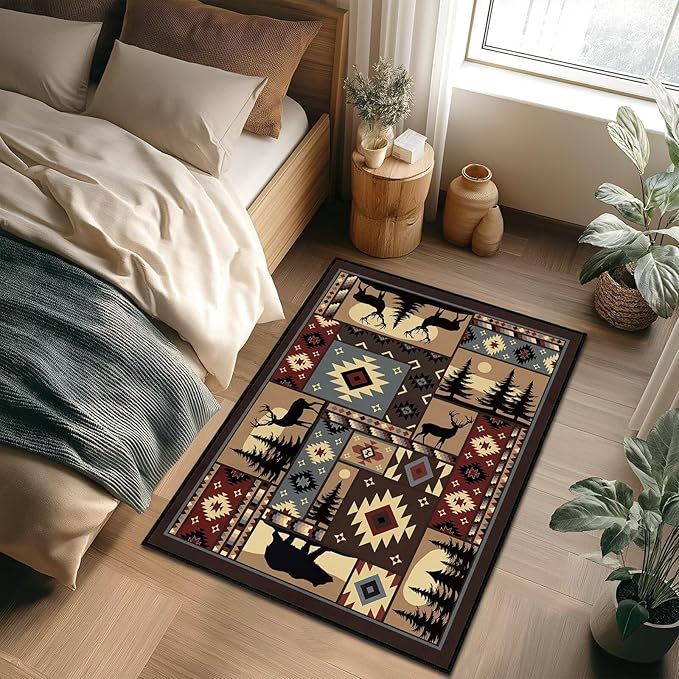 Rustic Rug 2x3 Washable Area Rugs,Buffalo Plaid Bear Moose Deer Country,Cabin Wildlife Entrance Rug Small Throw Carpet Vintage Floor Carpets Non Slip Indoor Door Mat for Entryway,Front Door,Kitchen