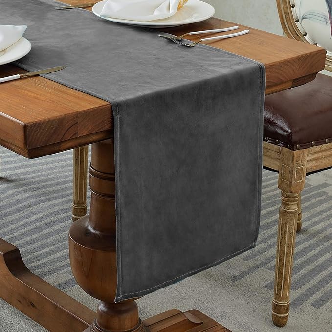 BALCONY & FALCON Velvet Table Runner 14"x95" Dark Gray Luxury Machine Washable Farmhouse Vintage Runner for Table Dining, Party, Wedding, Birthday, Easter, Thanksgiving & Christmas & Home Décor