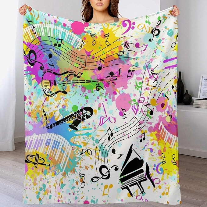 Music Blanket Colorful Graffiti Piano Keys Music Note Modern Abstract Art Print Soft Cozy Lightweight Throw Blanket for Kids Girls Boys Bedroom Living Room Dorm Chair Sofa Travel 40x50in