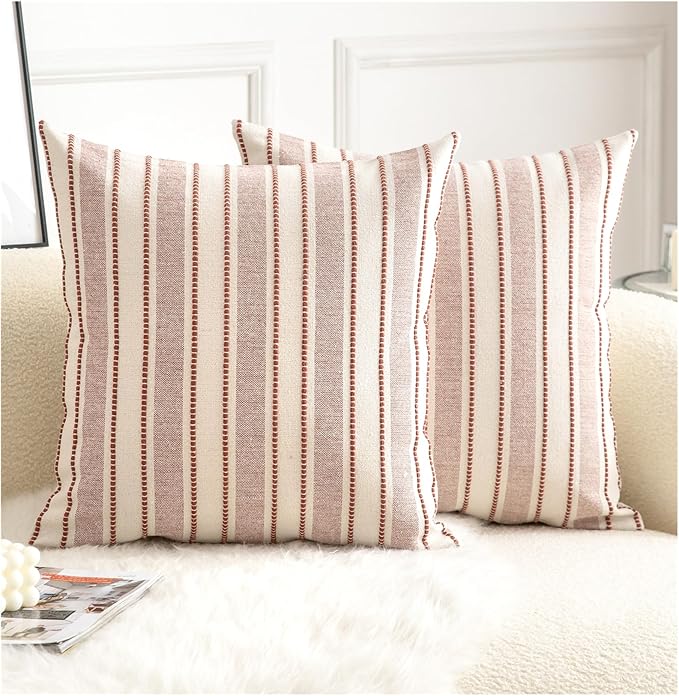 Decorative Boho Throw Pillow Covers, Farmhouse Textured Pillow Case, 22 x 22 Inch Set of 2, Chair Sofa Bedroom Living Room Home Decor Couch Cushion Case, Rust and Beige Striped