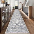 KUTA Vintage Washable Long Runner Rug, 2.6x18 Grey Blue Runners for Hallways Non-Slip Kitchen Rugs Ultra Thin Soft Printed Distressed Floral Floor Carpet for Laundry Bedroom Living Room Nursery