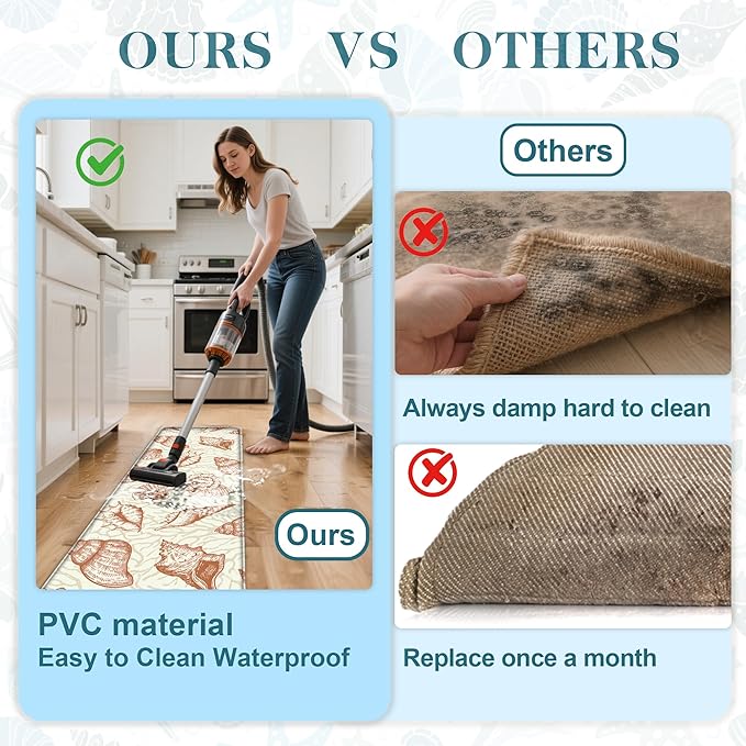 Kitchen Mats for Floor Cushioned Anti Fatigue Sets of 2 Beach Theme Kitchen Rugs Non Slip Waterproof Coastal Foam Kitchen Floor Rug Nautical Coral Seashell Comfort Standing Mat For Sink Laundry, Coral