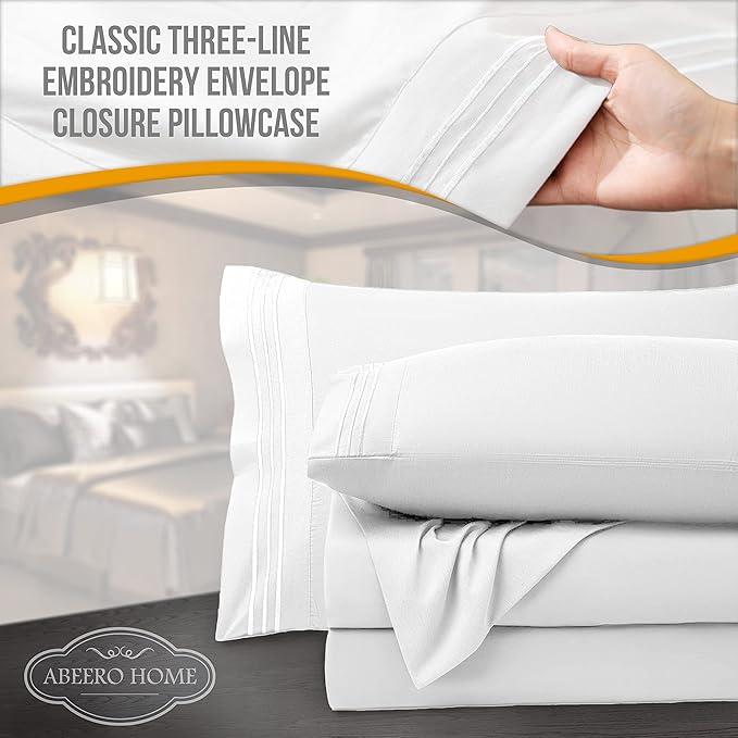 Full Size Bed Sheets Cooling - Luxury Hotel Sheet Set - Soft Sheets with Elastic Corner Straps - Deep Pocket Microfiber Bedsheets - Bedding Sheet & Pillowcases - 4 PC (Full Size, White)