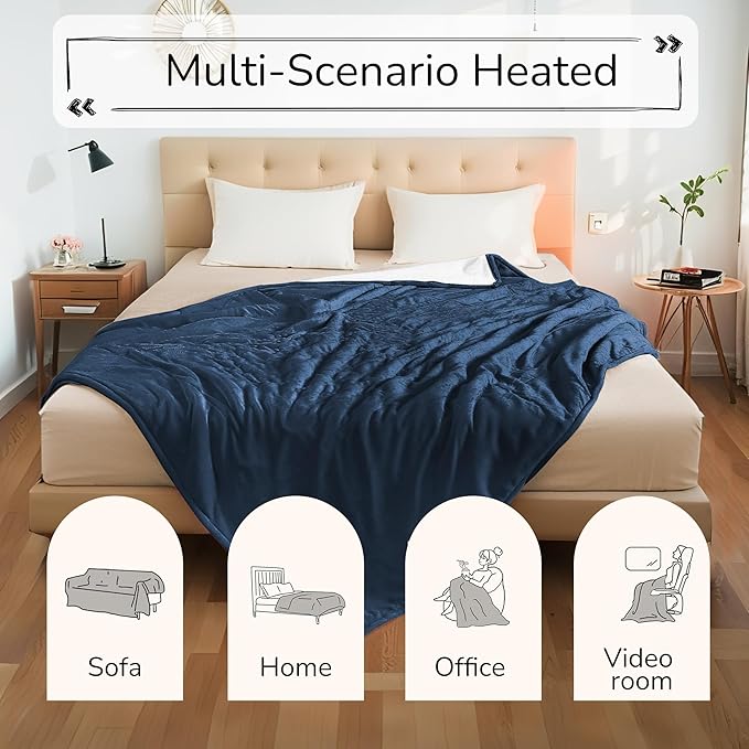 Electric Heated Blanket Queen Size 84"x90" - Dual-Sided with Microplush & Sherpa Fabric, 4 Heat Settings & 10 Hours Auto Off, Dual Controller, Machine Washable - Dark Blue