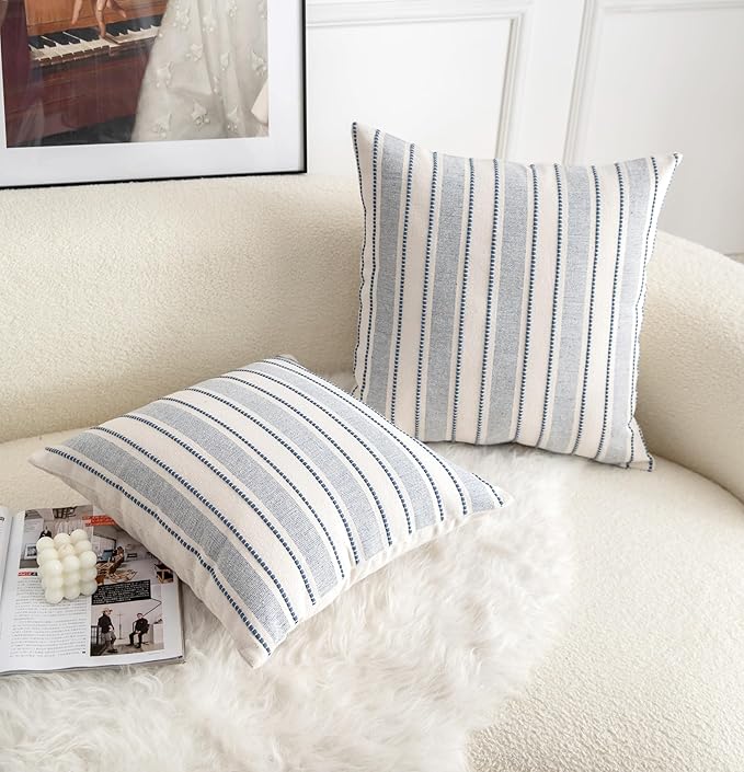 Decorative Boho Throw Pillow Covers, Farmhouse Textured Pillow Case, 20 x 20 Inch Set of 2, Chair Sofa Bedroom Living Room Home Decor Couch Cushion Case, Classic Blue and Beige Striped