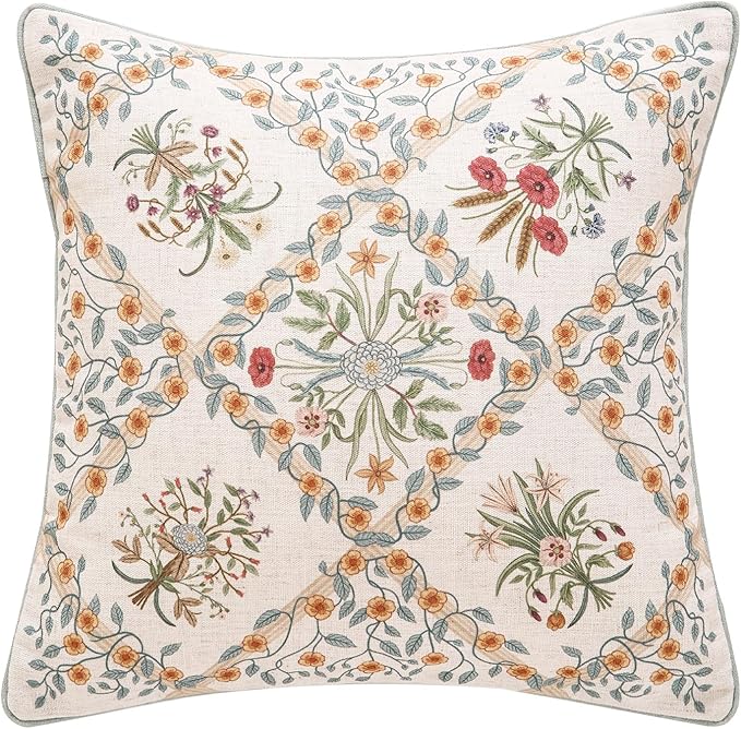 ISAENNE Design Linen Throw Pillow Covers 18"x18", Square Farmhouse Cushion Covers with Red Pink Yellow Watercolor Wildflower Pattern Decor Pillowcases for Bed,Living Room,Outdoor,Car