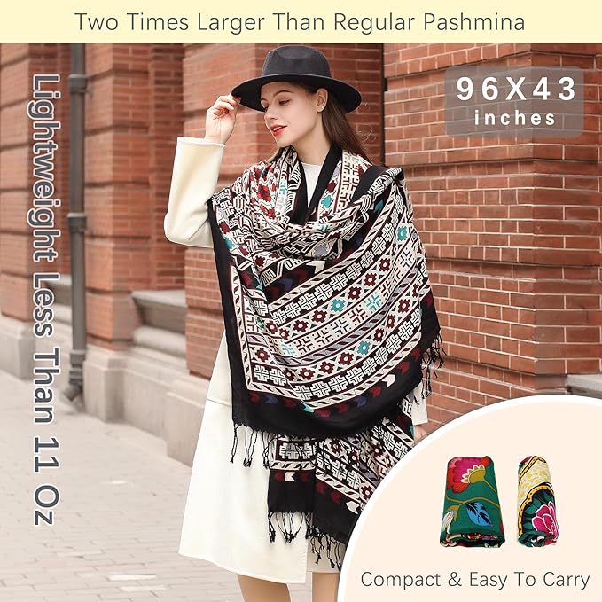 DANA XU 100% Merino Wool Extra Large Pashmina Blanket Travel Scarf Cashmere Wrap for Women Fall Winter Oversize Shawl Floral