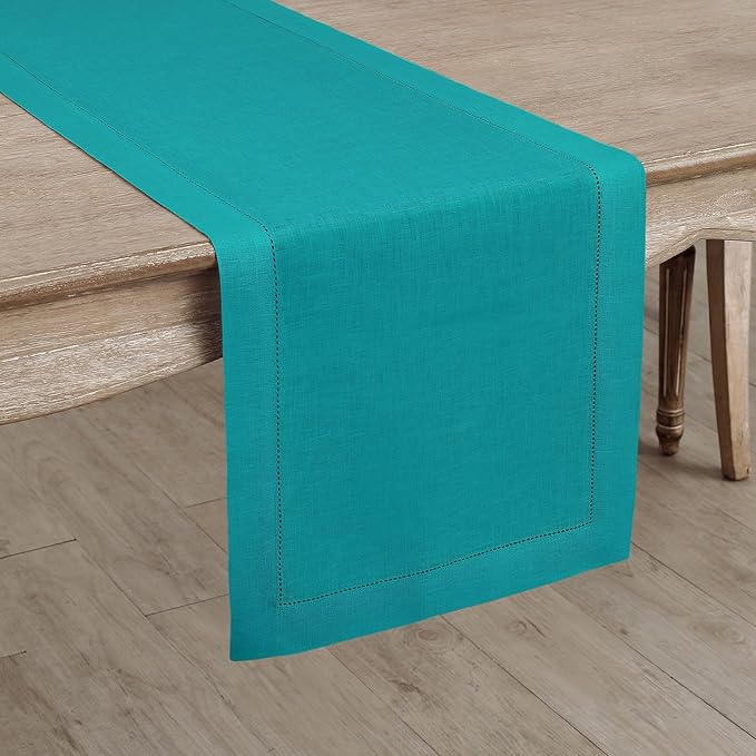 Solino Home Linen Hemstitch Table Runner 90 Inches Long - 100% Pure Linen Teal Table Runner 14 x 90 Inch for Christmas, New Year - Classic Hemstitch