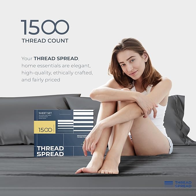 THREAD SPREAD 100% Egyptian Cotton Sheets Bed Set - 1500 Luxury High Thread Count Bed Sheets, Soft, Cooling, Sateen Weave, 17" Deep Pocket Bedsheet - 4 PC, California King Dark Grey