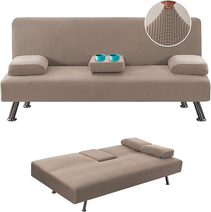 H.VERSAILTEX 4 Pieces Stretch Futon Covers Sofa Bed Slipcover with Removable Armrests and Cupholders Covers Furniture Protector High Spandex Small Checks Jacquard Fabric, Sand