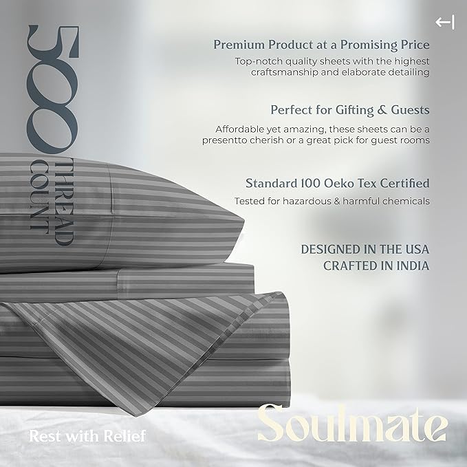 Mayfair Linen 100% Cotton Striped Sheets King Size Bed Set - 500 Thread Count Damask Sheets King Size 4 PC Set (Dark Grey Stripe), Soft, Cooling, Sateen Weave Hotel-Quality 16" Deep Pocket Bedsheet