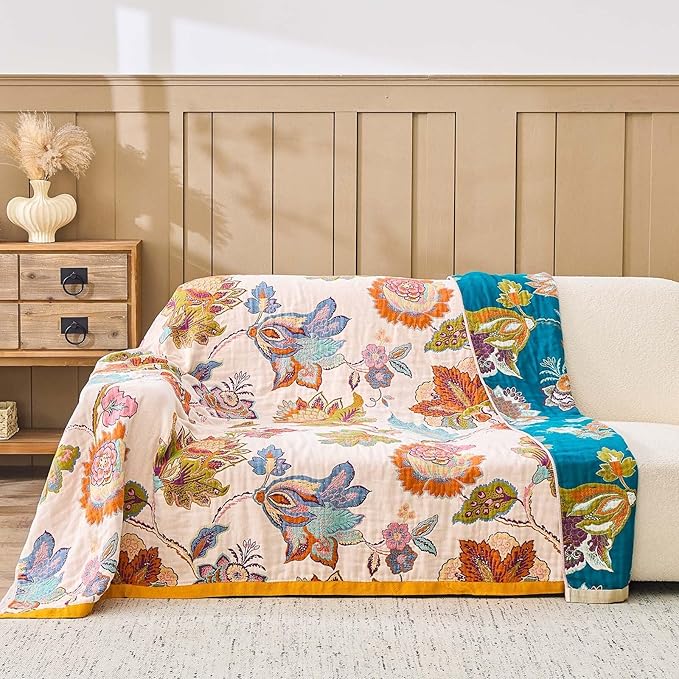 Summer Throw Blanket for Bed, 90"x98" Boho Throw Blankets 100% Cotton Quilts Farmhouse Decoration Warm Soft Blanket Muslin Bed Blankets for Couch Chair