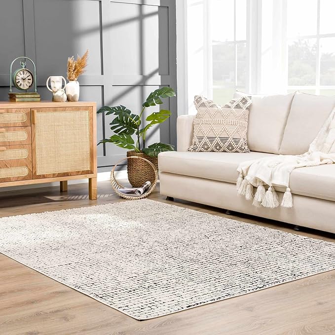 Hauteloom Keita Contemporary Mosaic Area Rug - High Pile Fluffy Soft Shag Carpet for Living Room, Bedroom - Cream, Brown - 18" x 18" Sample