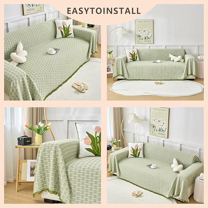 Green Couch Cover Blanket Cute Geometrical Jacquard Washable Sofa Cover for Extra Large Furniture for 3 Cushion Sofa L Shaped Sectional Couch Blanket 71"x 134"