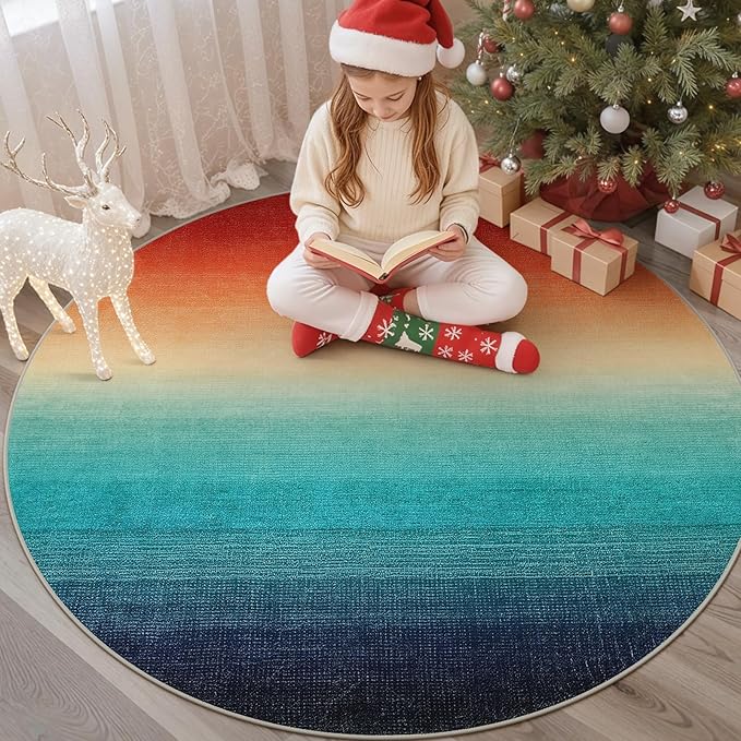 Wonnitar Modern Ombre Christmas Round Area Rug, 4ft Colorful Washable Living Room Circle Throw Mat, Non-Slip Contemporary Kitchen Circular Floor Carpet for Dining Room (Colorful, Round 4ft)