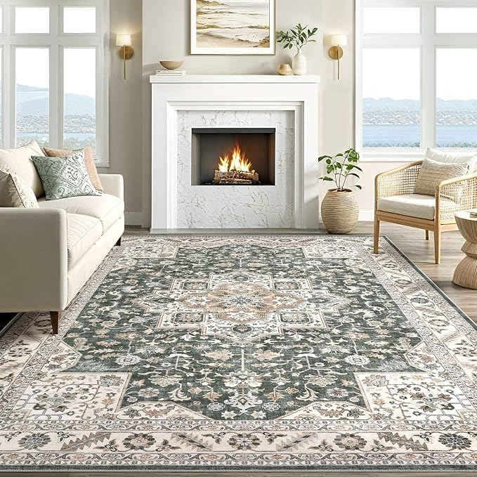 Vintage Living Room Area Rug 10x14 - Large Soft Washable Oriental Traditional Distressed Farmhouse Rugs for Bedroom - Indoor Floor Accent Carpet for Home Office House Decor - Vintage Green
