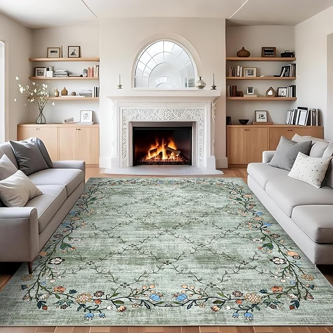 Garveehome 5x7 Washable Floral Area Rugs for Living Room: Modern Floral Non Slip Large Area Rugs for Bedroom, Large Machine Washable Living Room Low Pile Carpet with Non-Slip Backing Green 5 ft x7 ft.