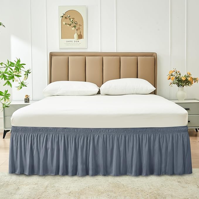 Biscaynebay Wrap Around Bed Skirts for Queen Beds 17" Long Drop, Dark Grey Adjustable Elastic Dust Ruffles Easy Fit Wrinkle & Fade Resistant Silky Luxurious Fabric Solid Machine Washable