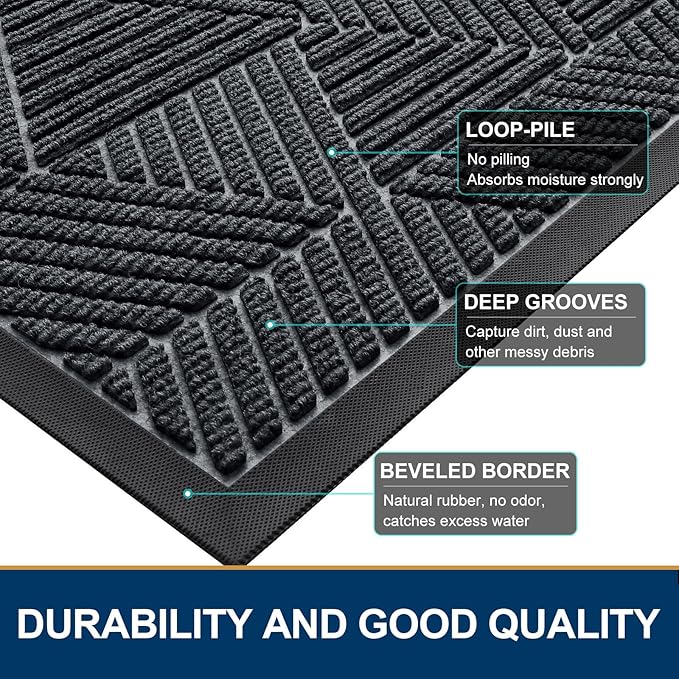 Smiry Front Door Mat Outside Entrance, Heavy Duty Sturdy Natural Rubber Doormat, Trap Dirt and Moisture, Easy Clean Low Profile Mats for Indoor Outdoor Entry, Irregular Triangle (36x24, Grey)