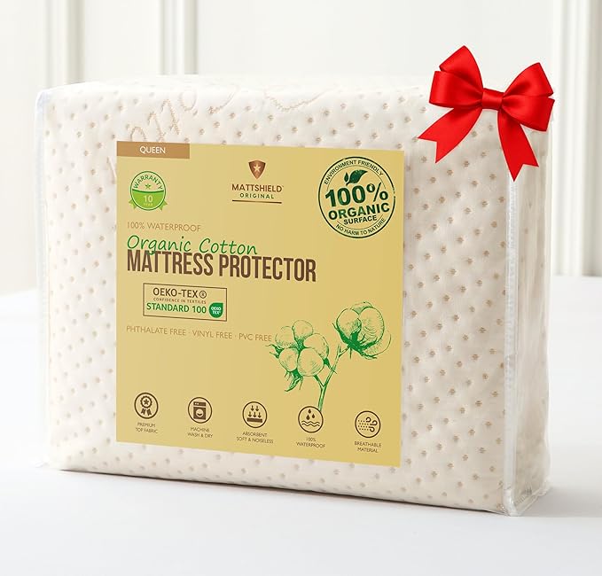 Luxury Waterproof Organic Mattress Protector Queen - Organic Cotton Breathable Mattress Pad Cover - Premium 380 GSM Comfort - Deep Pocket - Jersey Cotton Skirt - Fitted Design