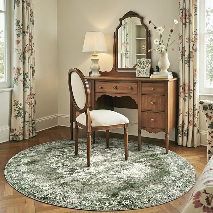 jinchan Round Rug 6ft Area Rug - Green Vintage Floor Mat Kitchen Indoor - Washable Circle 6' Thin Floral Print Christmas Carpet Retro Farmhouse Non Slip Dining Room Living Room Bedroom Office