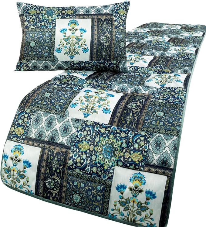 The HomeCentric King/Queen/Twin Blue Designer Full 68"x18" Bed Runner with Pillow Cover, Perrsian Pattern & Quilted Bed Scarf on Satin Fabric - Bahar