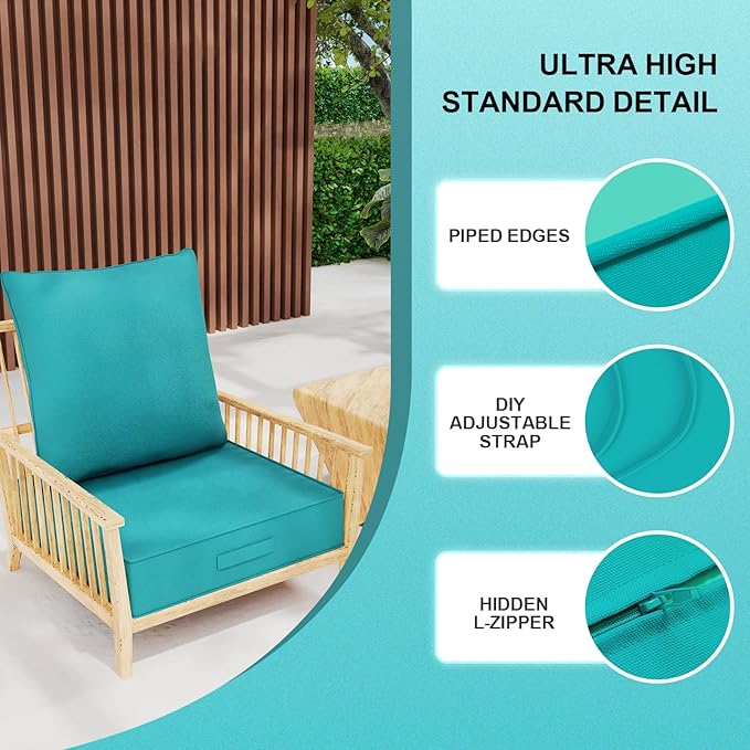 Outdoor Olefin Water-Resistant Deep Seat Cushion Set, 2PCS Weather and Fade Resistant 24''x 24''x 6'' Patio Furniture Seat Cushion, Thickened Sofa Chair Pad for Lawn, Garden, Turquoise