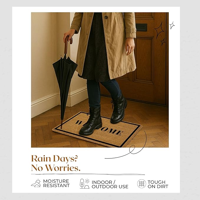Coir Door Mats 17" X 30", Non-Slip Sturdy, PVC Backed Heavy Duty, Easy to Clean, Ideal for Door Entrance, Patio, Porch, Backyard, Garages, Welcome with Border