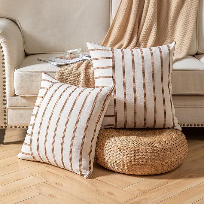 Caflife Boho Throw Pillow Covers 18x18 Set of 2 Soft Farmhouse Decorative Couch Pillow Cases Brown Striped Pillow Covers Neutral Cushion Covers for Sofa Bed Living Room Home Decor