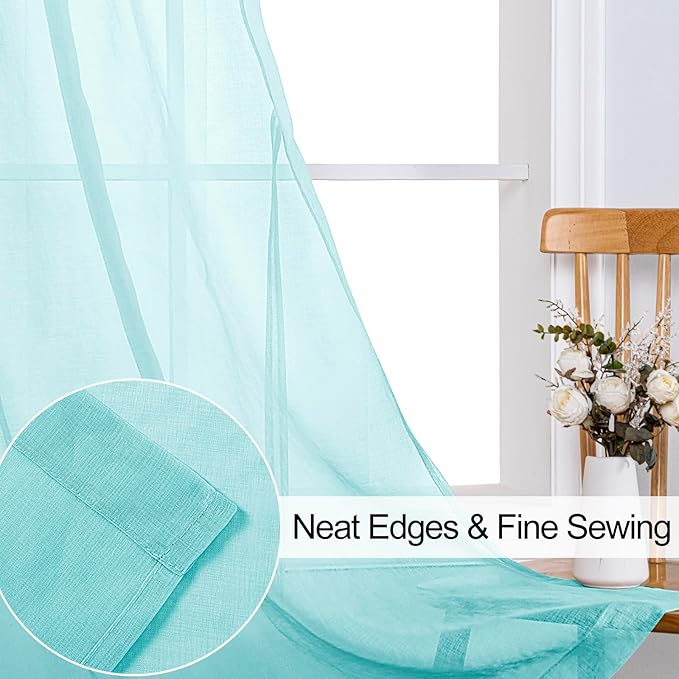 XWZO Sheer Curtains, Soft & Lightweight Faux Linen Grommet Window Curtains for Short Windows, Living Room, Kids' Room, Kitchen with Tiebacks, Mint Green, 52 x 54 Inches Length Set of 2 Panels
