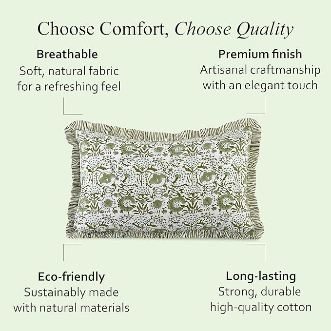 CPC Agate Green 100% Cotton Block Print Ruffle Sham Cover 20X30 inch Pack of 2, Handmade Boho Floral Pillowcase, Soft Decorative Queen Bed Pillow Cover for Bedroom Décor
