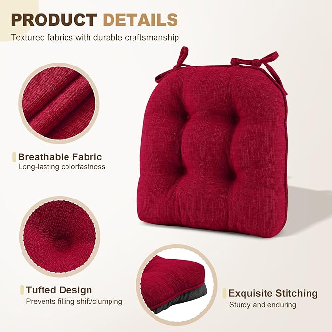 downluxe Indoor Chair Cushions for Dining Chairs, Tufted Overstuffed Textured Kitchen Chair Pads with Ties and Non-Slip Backing, 15.5" x 15.5" x 4", Red, 4 Pack