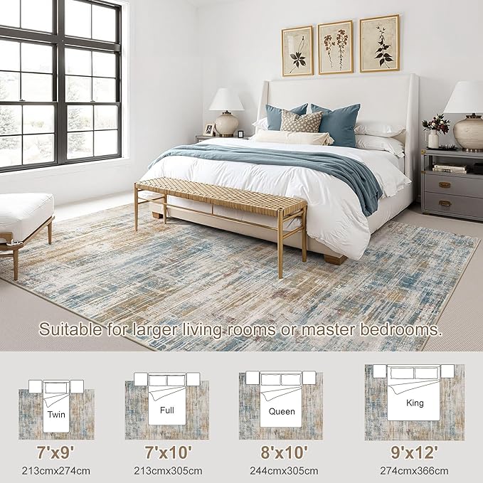 Area Rug for Living Room: 7x9 Washable Neutral Abstract Modern Soft Rugs Non Slip Indoor Floor Stain Resistant Large Carpet for Bedroom Dining Room Office Nursery - Blue Brown