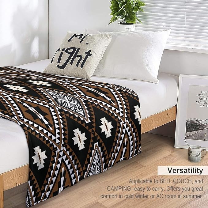 Rustic Western Throw Blanket, Southwestern Bohemian Ethnic Style Native Aztec Pattern Flannel Blanket for Sofa Bed, All Seasons 40"x50"