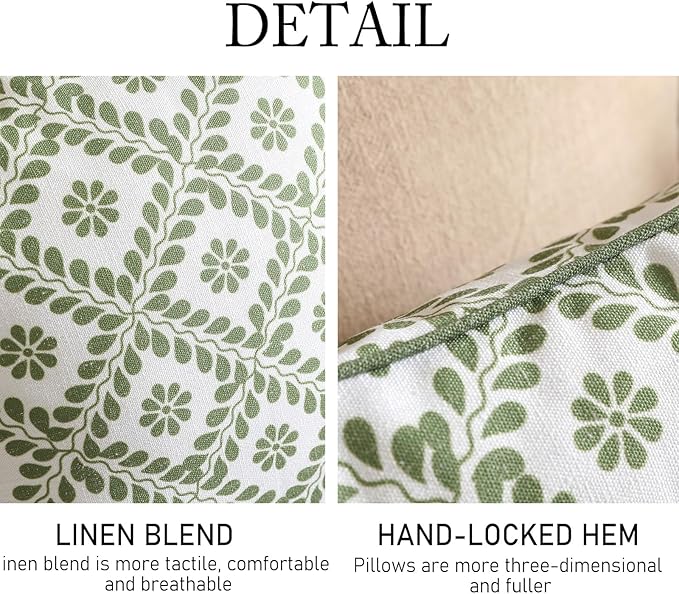 ISAENNE Design Fresh Linen Square Throw Pillow Covers 18"x18", French White Cottage Cushion Covers with Green Branches Pattern Decoration Pillowcases for Bed,Living Room,Outdoor,Car