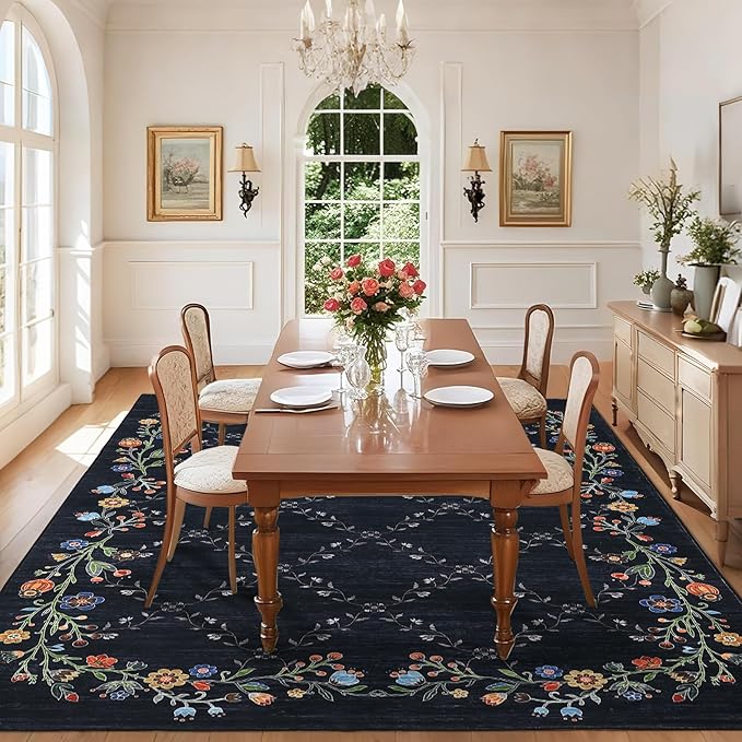 GarveeHome 8x10 Washable Floral Area Rugs for Living Room: Modern Floral Non Slip Large Area Rugs for Bedroom, Large Machine Washable Living Room Low Pile Carpet with Non-Slip Backing Black 8'x10'.