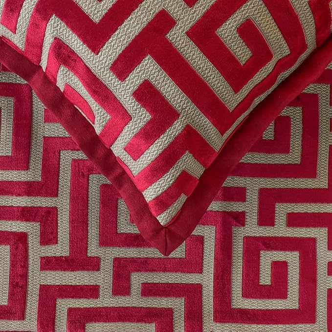 The HomeCentric King/Queen/Twin Red Designer Full 68"x18" Bed Runner with 2 Pillow Cover, Maze Bed Scarf on Velvet Fabric - Path