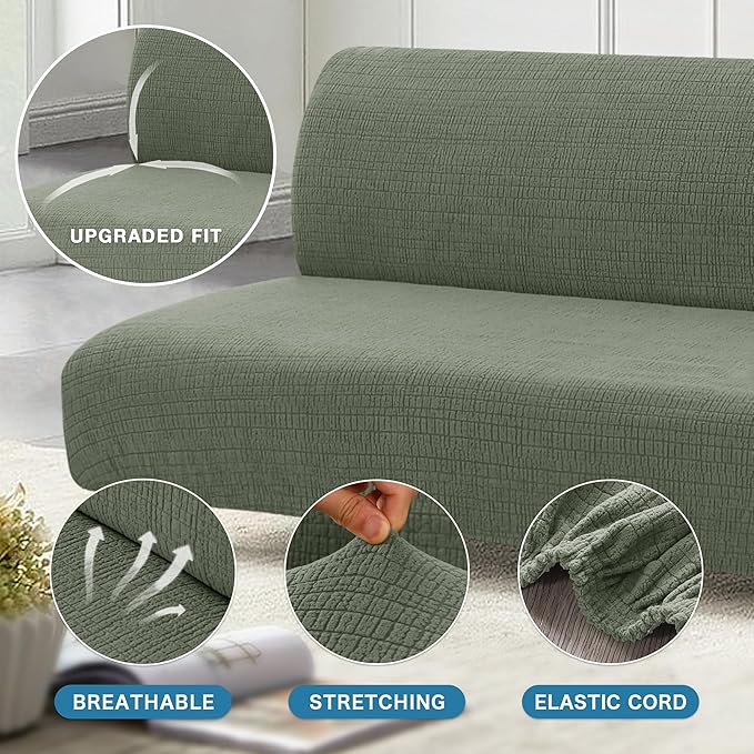 H.VERSAILTEX Water Repellent Armless Futon Cover Sofa Bed Slipcover, Full Size Futon Mattress Cover, Soft Stretch Furniture Protector for Pets, Sea Grass