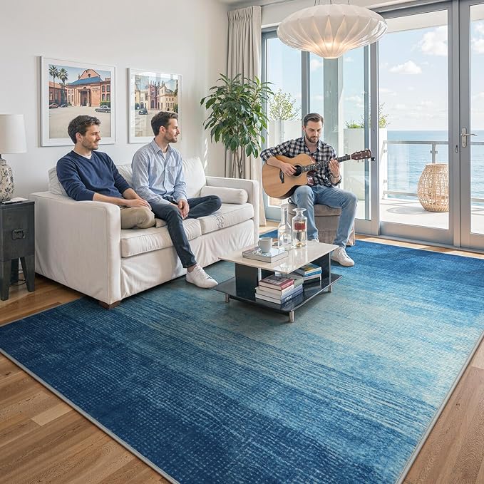 Wonnitar Modern Ombre Washable Area Rug, Blue 9x12 Large Living Room Rug, Non-Slip Soft Dining Room Rug for Under Table, Ultra-Thin Gradient Accent Carpet for Bedroom Mud Room (Blue, 9'x12')