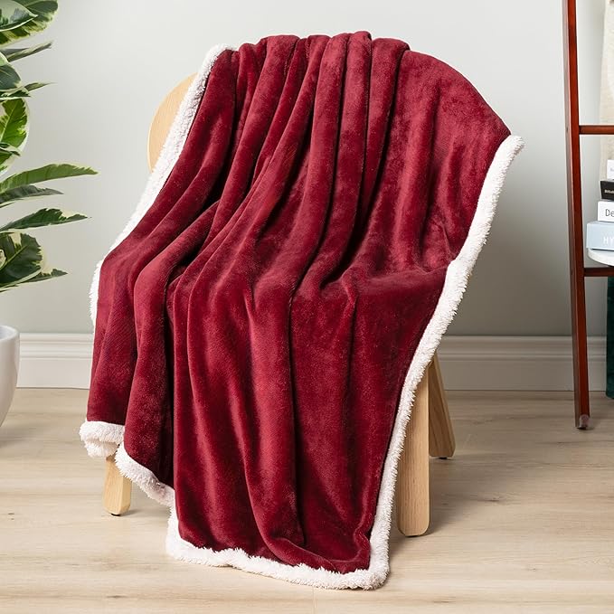 PAVILIA Sherpa Fleece Throw Blanket for Couch, Twin Size, Maroon Red, Plush Soft Fuzzy Sofa Blanket, Cozy Reversible Winter Throw for Women Men, 60x80 Inches