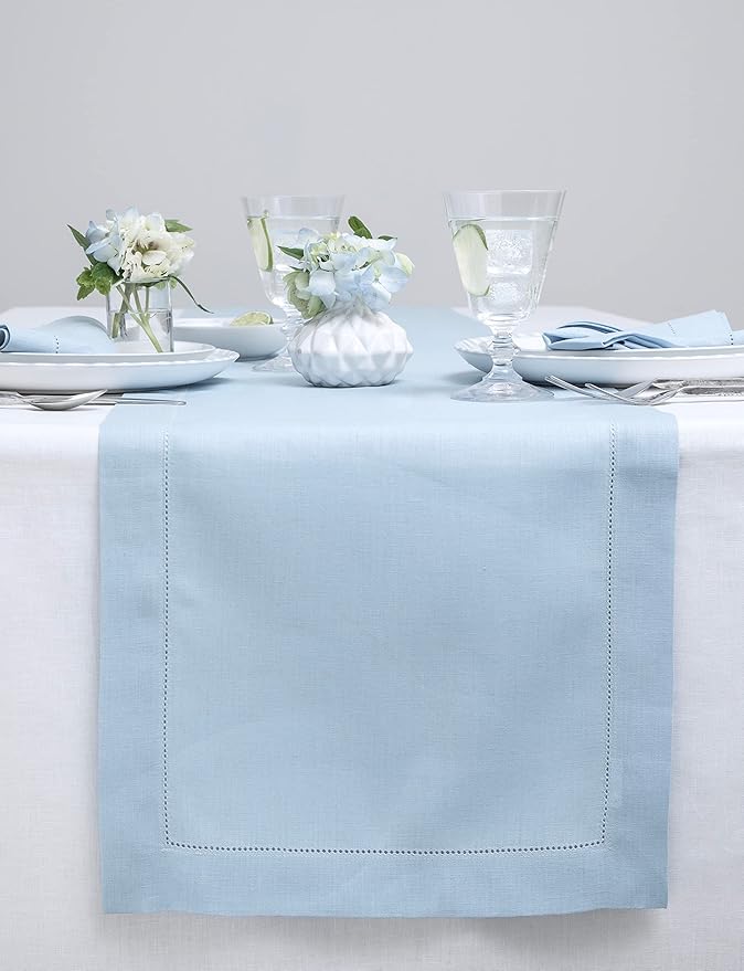 Solino Home Linen Sky Blue Table Runner 144 Inches Long - 100% Pure Linen Extra Long Table Runner 14 x 144 Inch for Christmas, New Year - Classic Hemstitch